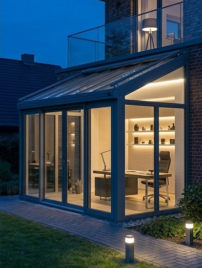 Moderner Wintergarten mit Metallkonstruktion und Glasflächen