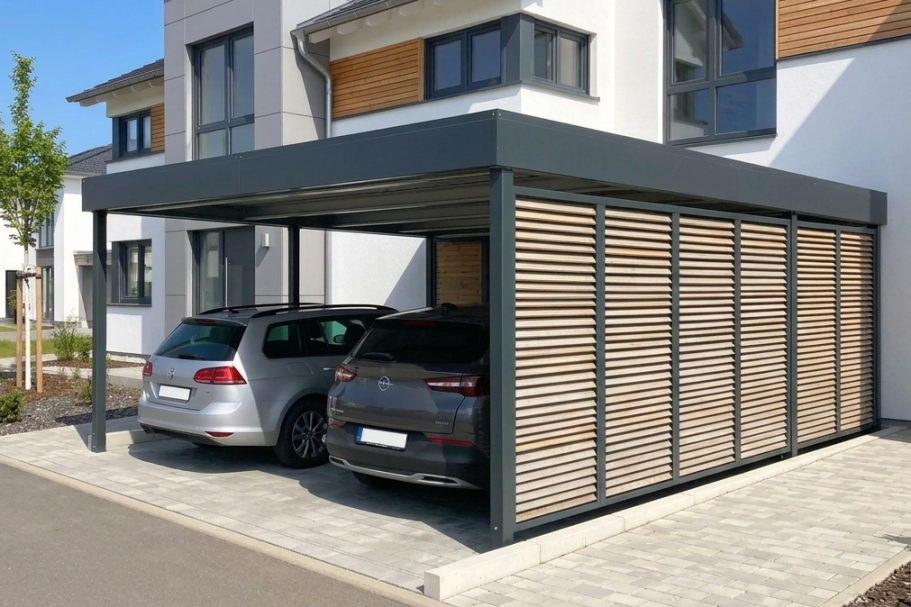 Moderner Metall-Carport nach Maß mit Holzoptik und Flachdach