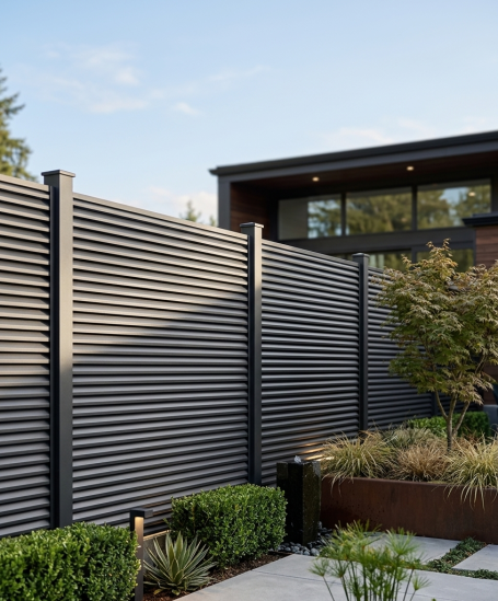 Nahaufnahme Aluminium Sichtschutzzaun mit schrägen Lamellen