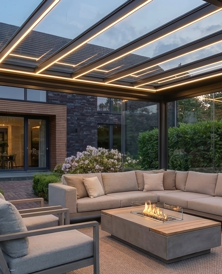 Pergola mit Glasdach und integrierter Beleuchtung