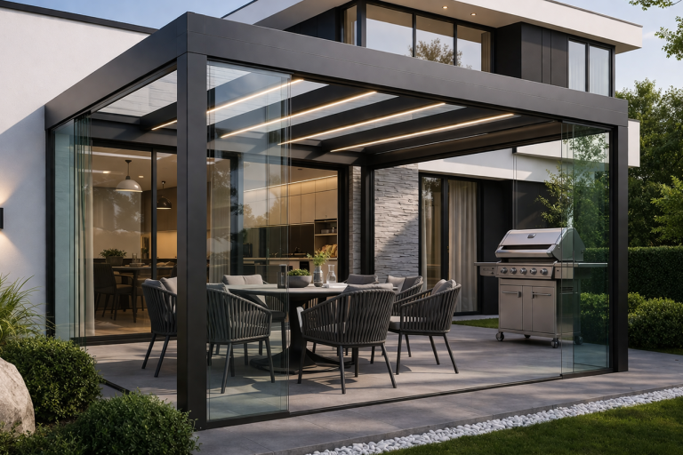 Glasdach-Pergola mit Glas-Schiebeelementen