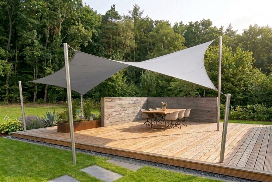 Freistehendes Sonnensegel auf einer Holzterrasse