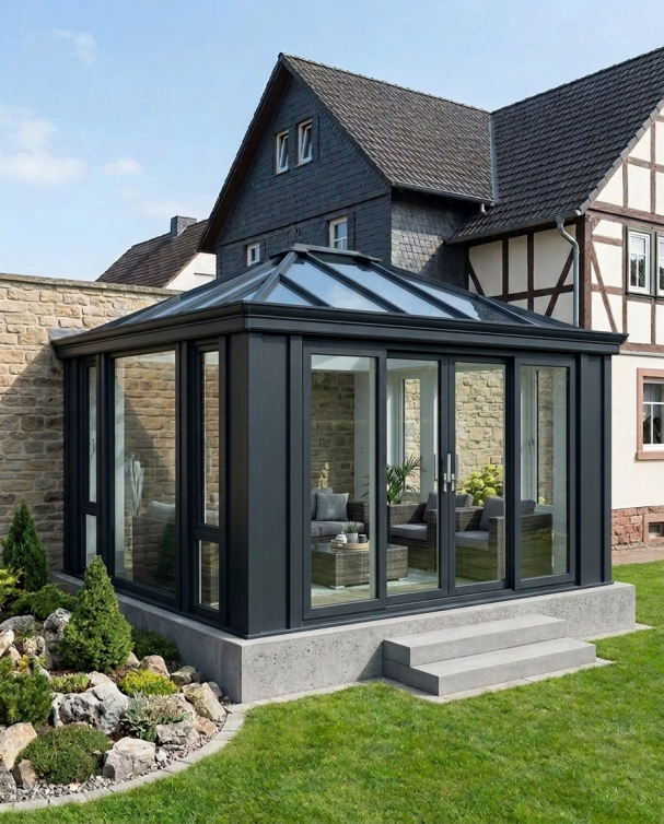 Moderner Wintergarten als Metall Glas Konstruktion