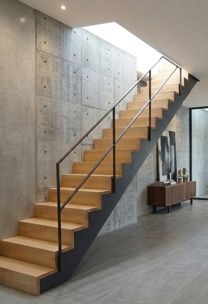 Designertreppe aus Stahl und Holz für modernes Wohnhaus